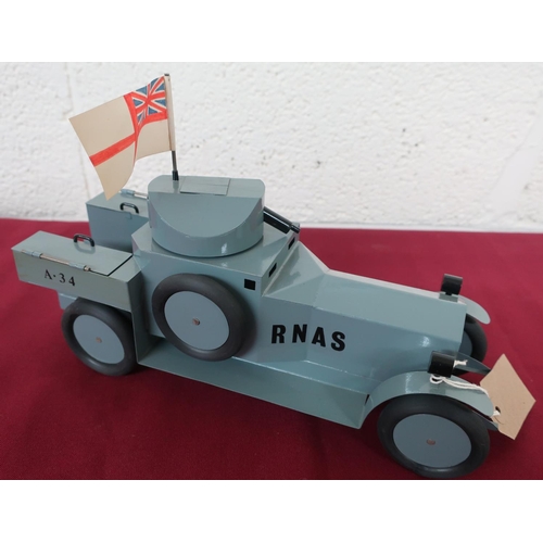 12 - Hand made tin plate scale model of a WW1 RNAS Armoured Car, A. 34, grey body with swivel turret, ope... 