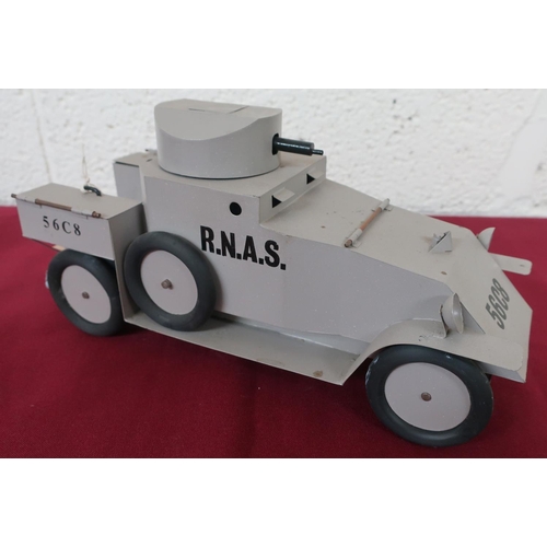 13 - Hand made tin plate scale model of a WW1 RNAS Armoured Car, 56C8 , sand body with swivel turret and ... 