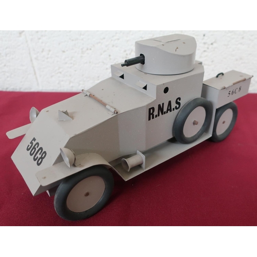 13 - Hand made tin plate scale model of a WW1 RNAS Armoured Car, 56C8 , sand body with swivel turret and ... 