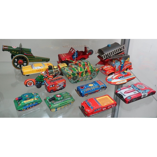 7 - French tin plate Jeep with water pump trailer, Chinese friction powered fire engines, Chiefs car, si... 