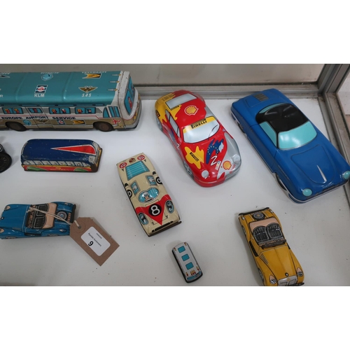 9 - Collection of friction and clock work tin plate model vehicles including GTP motorways coach, SAS Eu... 