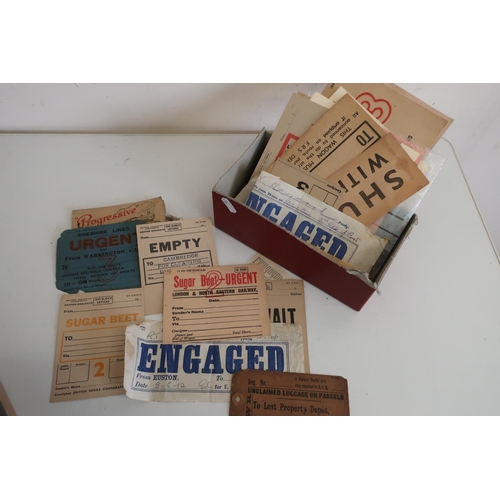 95 - Box containing a quantity of various assorted luggage labels including Cheshire lines, GWR, LNER etc