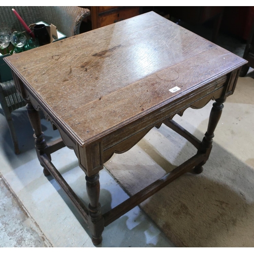 484 - 19th C oak rectangular centre table, with molded top and shaped frieze, on turned supports with stre... 