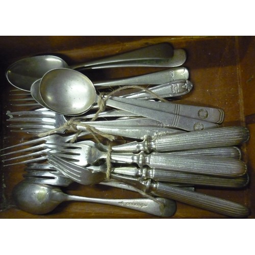 459 - Three LNER railway dining car forks, and two similar fish forks, NER dining car spoon, a pair of Pul... 