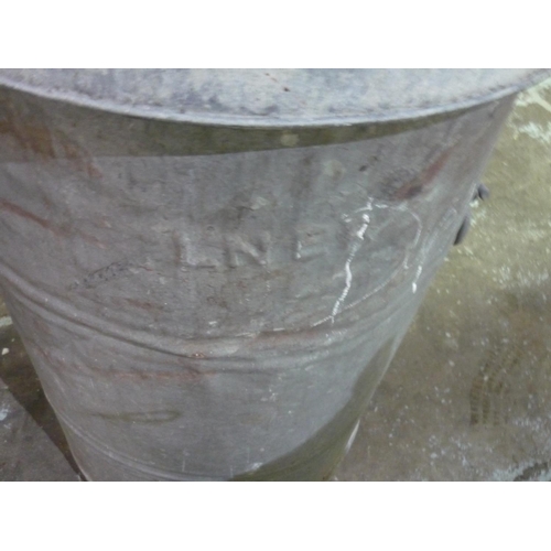 477 - Large LNER galvanized metal two handled bin with lid (77cm x 48cm)