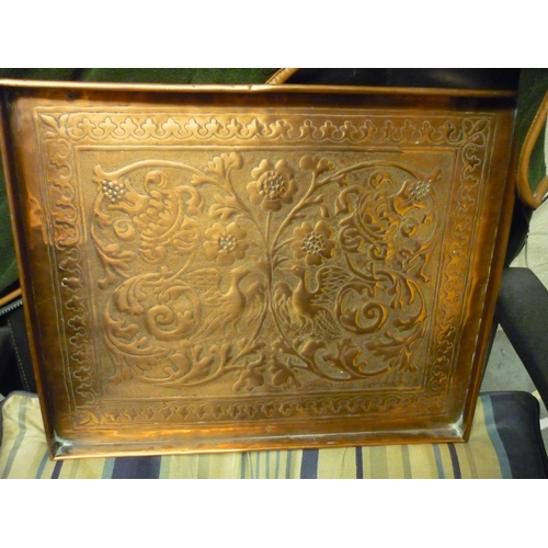 488 - Keswick School of Industrial Art copper rectangular galleried tray, centre decorated in relief with ... 