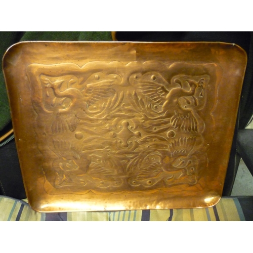 489 - Newlyn School copper rectangular tray with raised border, centre decorated with exotic birds, revers... 