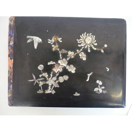 492 - Japanese photograph album with painted interior pages and mother of pearl inlaid cover, three woolwo... 