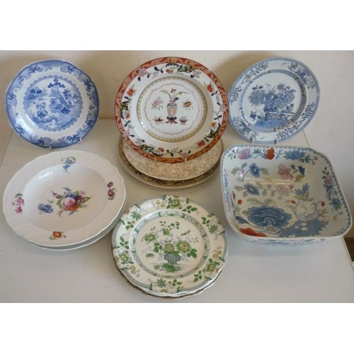 493 - Collection of Masons Ironstone and other plates, two Carnival glass bowls, pr of small Satsuma potte... 