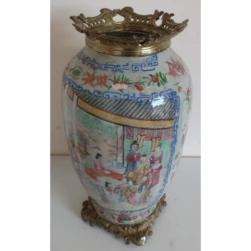 33 - Extremely large 19th C Chinese Famille Rose style vase with cast gilt metal base and top mount (rest... 