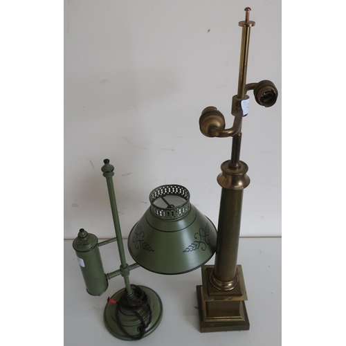 35 - 19th/20th C green and black Tole ware table lamp, converted to electric (height 40cm) and a leather ... 