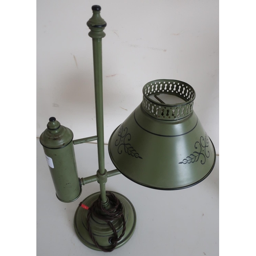 35 - 19th/20th C green and black Tole ware table lamp, converted to electric (height 40cm) and a leather ... 