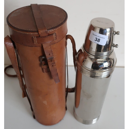 38 - Vintage silver plated large thermos flask in tan leather carry case