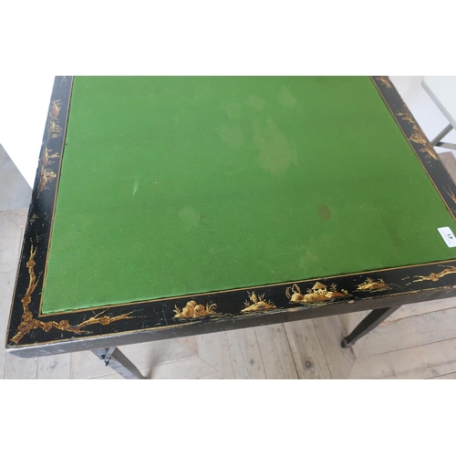 41 - C.1920s chinoiserie square topped card table with four folding legs, and centre green baise panel (7... 