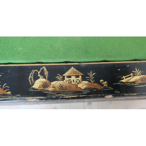41 - C.1920s chinoiserie square topped card table with four folding legs, and centre green baise panel (7... 