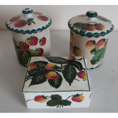 45 - Two Wemyss Pottery strawberry pattern preserve jars (approx height 12.5cm) with signed and impressed... 