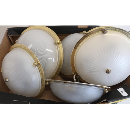 56 - Pair of frosted glass centre dome light shades with brass mounts (diameter 32cm) and a set of four b... 
