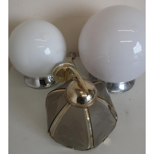 57 - Three glass and brass wall light fittings, and a large opaque glass and chromed centre globe light f... 