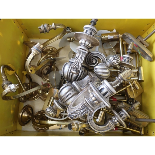 58 - Box containing a quantity of various wall light fittings, mostly brass, including adjustable arm, pa... 
