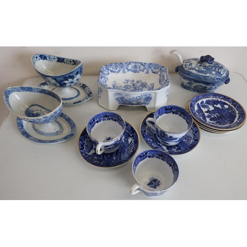 63 - Selection of 19th C and later blue and white ceramics, including Willow pattern meat plates, part te... 