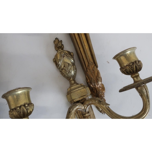 68 - Pair of gilt metal Regency style twin branch wall lights with urn shaped finials (length 37cm) and a... 