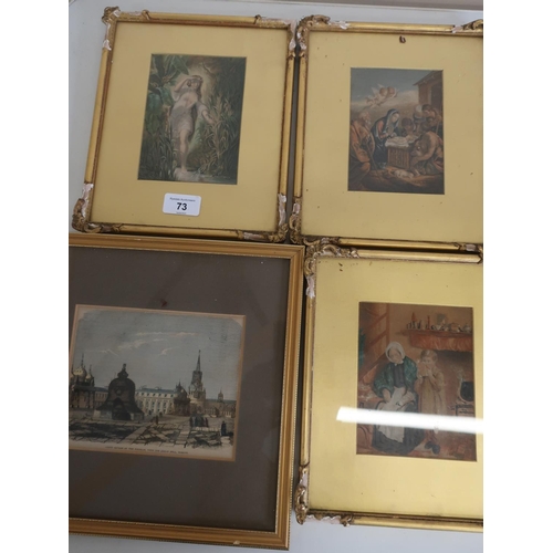 73 - Set of three gilt framed and mounted coloured prints, and another coloured engraving of The Kremlin,... 