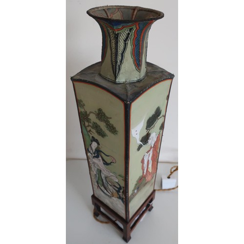 36 - Early 20th C Chinese painted table lamp with tapering square body and hard wood stand and painted si... 