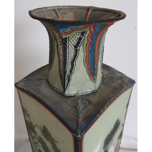 36 - Early 20th C Chinese painted table lamp with tapering square body and hard wood stand and painted si... 