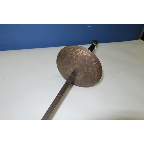 31 - Late 19th C Spanish fencing foil with discus shaped guard and ribbed wooden grip with urn shaped fin... 