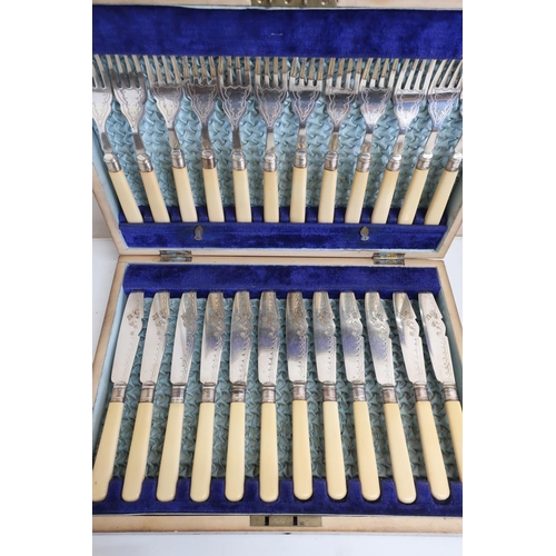 91 - Set of twelve EPNS bone handled fish knives & forks with hallmarked silver collars, in fitted case b... 