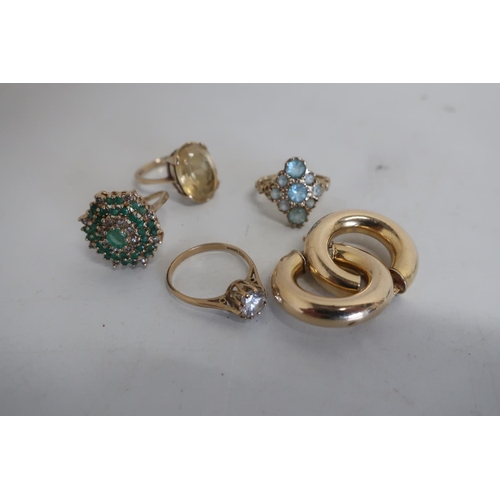 98 - Four 9ct gold hallmarked gem-set rings and a pair of 9ct earrings (6)