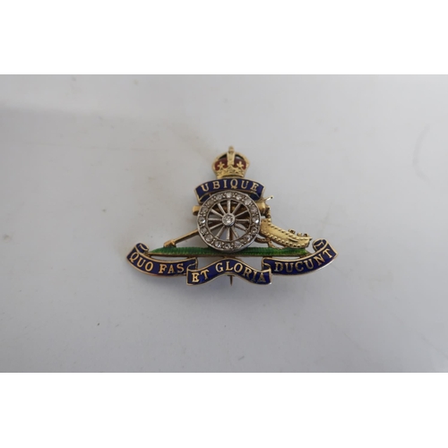 99 - 14ct gold & platinum diamond set and enamel Royal Artillery sweetheart brooch, stamped 14ct plat. (3... 