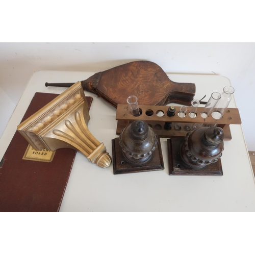 337 - Set of elm and leather bellows, a pair of mahogany lobed wall brackets, a test tube rack with 5 tube... 