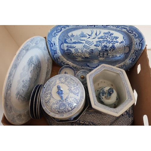 340 - 19th C blue & white transfer printed willow pattern oval meat dish, an Adams Chinese pattern blue & ... 