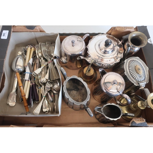346 - EPNS teapot and EPNS ware including cutlery, brass candlestick etc (one box)
