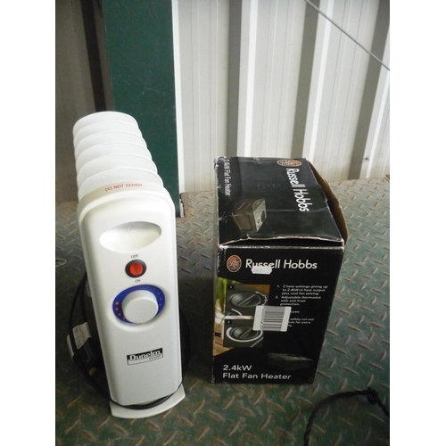 118 - Boxed Russell Hobbs flat fan heater and a small dunelm radiator