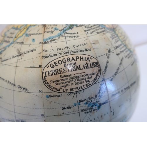 120 - Geographeia 8 inch terrestrial globe, showing railways, steamer routes, distances in sea miles, Comm... 