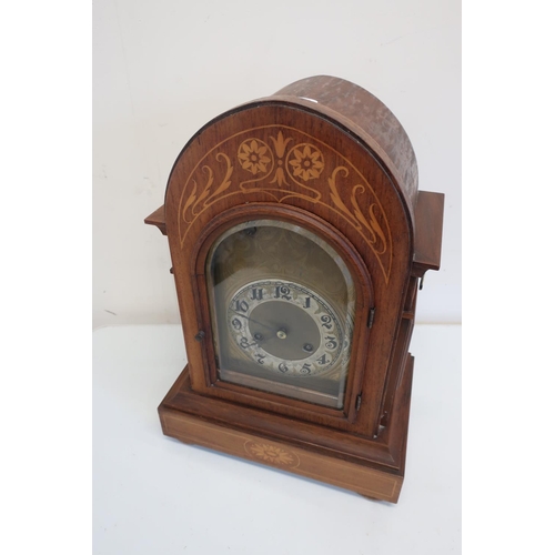 127 - Edwardian walnut inlaid bracket clock with striking movement enclosed by bevelled edge glass panelle... 