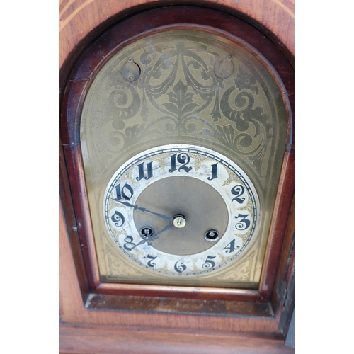 127 - Edwardian walnut inlaid bracket clock with striking movement enclosed by bevelled edge glass panelle... 