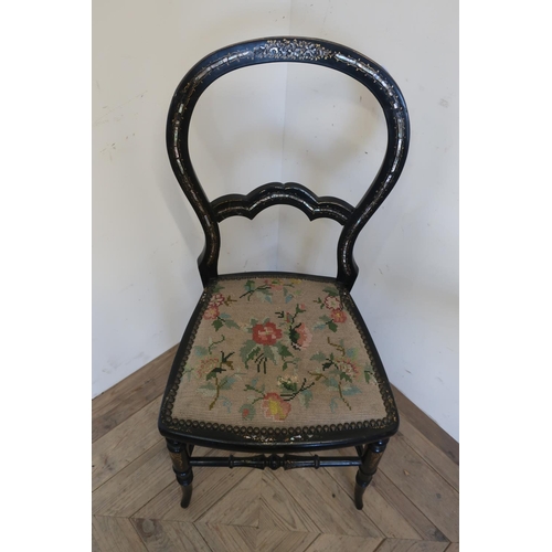 141 - Victorian papier-mache lacquered and Mother of Pearl & gilt bedroom chair with wool-work upholstered... 