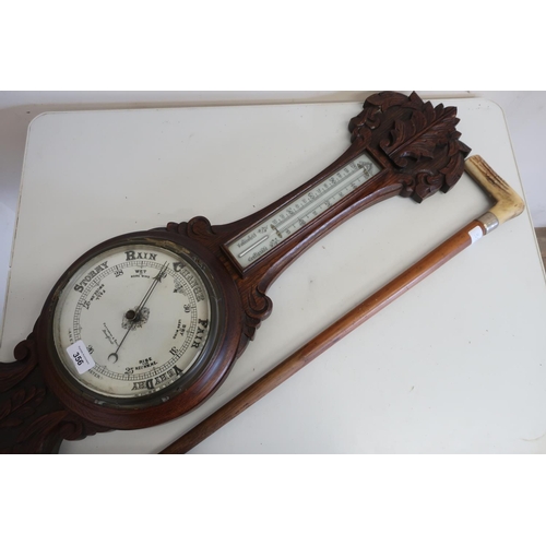 356 - 20th C aneroid barometer with thermometer, in carved oak case, by Fattorini & Sons Bradford, and a a... 