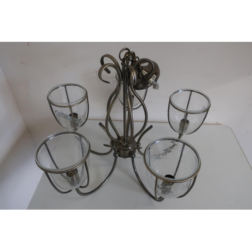 360 - Brushed metal hanging light fitting, the five branches with clear bubbled glass shades