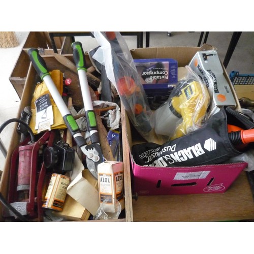 231 - Large collection in two boxes of various tools incluiding hammer, drills, spanners, boxed heated gun... 