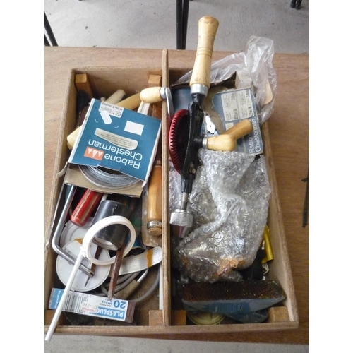 229 - Joiner box containing quantity of tools, files, screwdrivers, tape etc