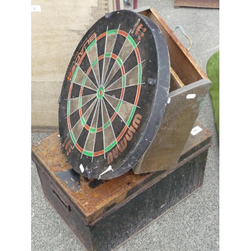 194 - Metal deed box, Winmau dart board and brass magazine rack