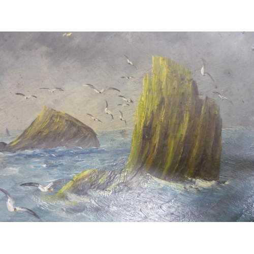 23 - English school 19th C, a stormy seascape with guls, oils on panel, signed with initials MY, oval (37... 