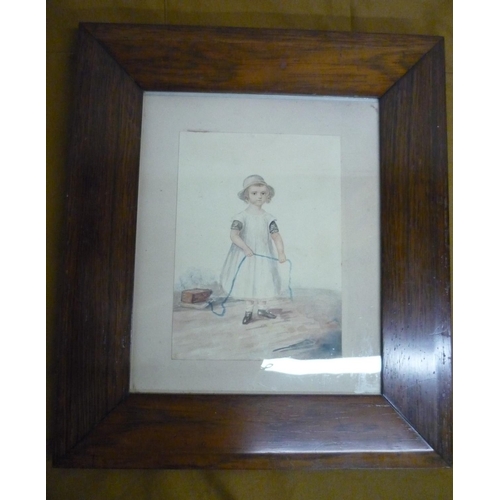 26 - Early 19th C study of a young girl with a blue ribbon, watercolour, in rosewood frame (35cm x 40cm i... 