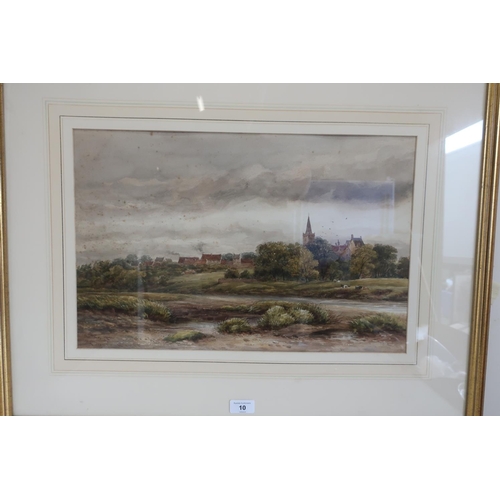 10 - English school early 20th C, an extensive river landscape with cows, a church beyond, watercolour, i... 