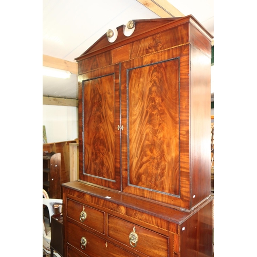 351 - Early 19th C mahogany cupboard on chest, with Tunbridgeware banding's, two doors above two short and... 