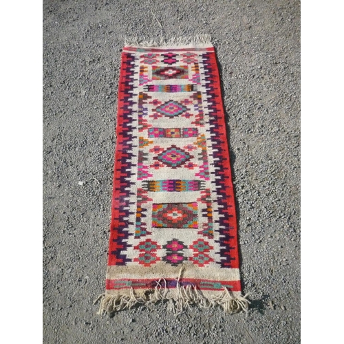 378 - Native hand woven Indo Persian rug, beige ground with four multicoloured medallions and red border (... 